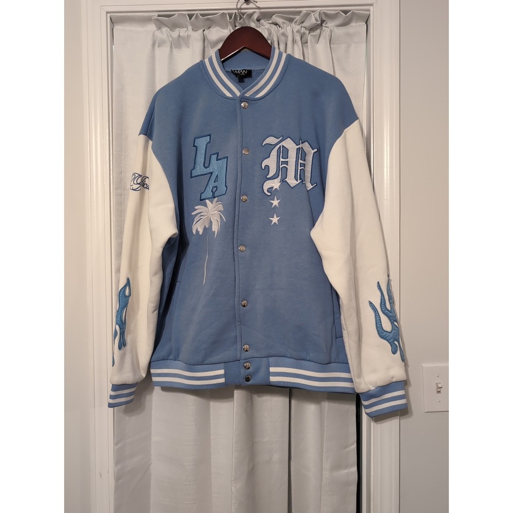 Boohoo Man La Badge Varsity Bomber Jacket In Light Blue Size‎ XL Made in Turkey